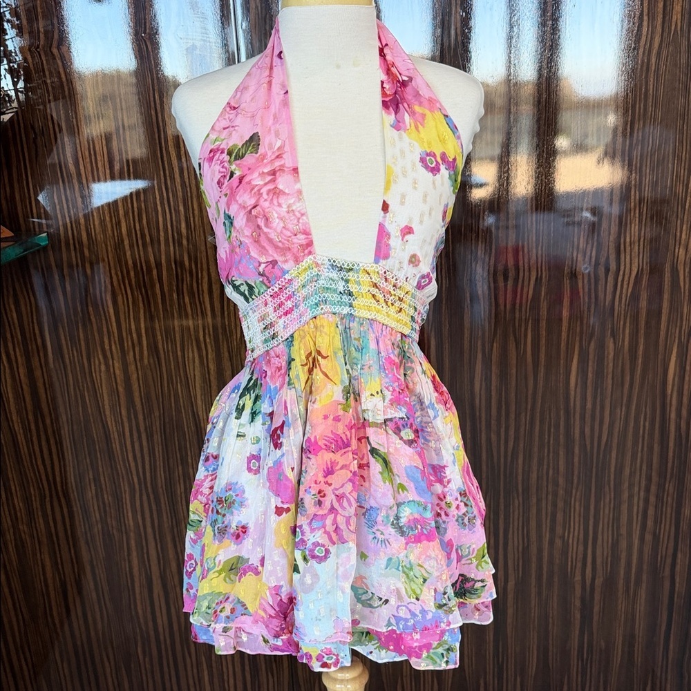 Rococo Sand Floral Halter Mini Dress - Pink and Yellow